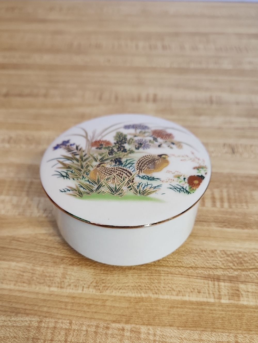 Japanese Porcelain Trinket Box with Quail and Floral Motif